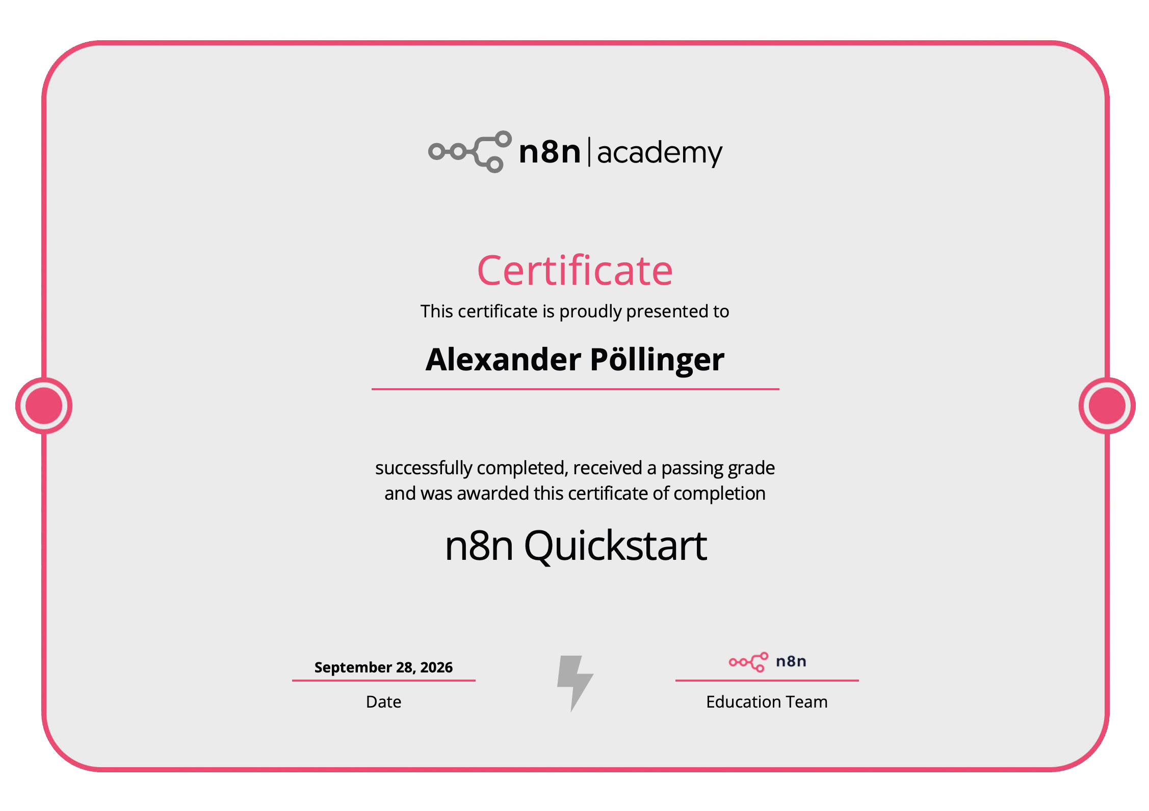 n8n Quickstart Zertifikat – Alexander Pöllinger